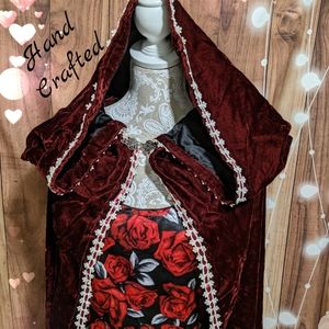 Handmade Velvet Satin Winter Cape Cloak Women's Wine color